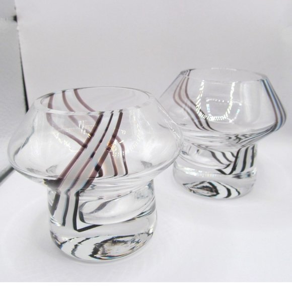 Caithness Black and White Striped Glass Tea Light Holder set of 2 - Picture 1 of 12